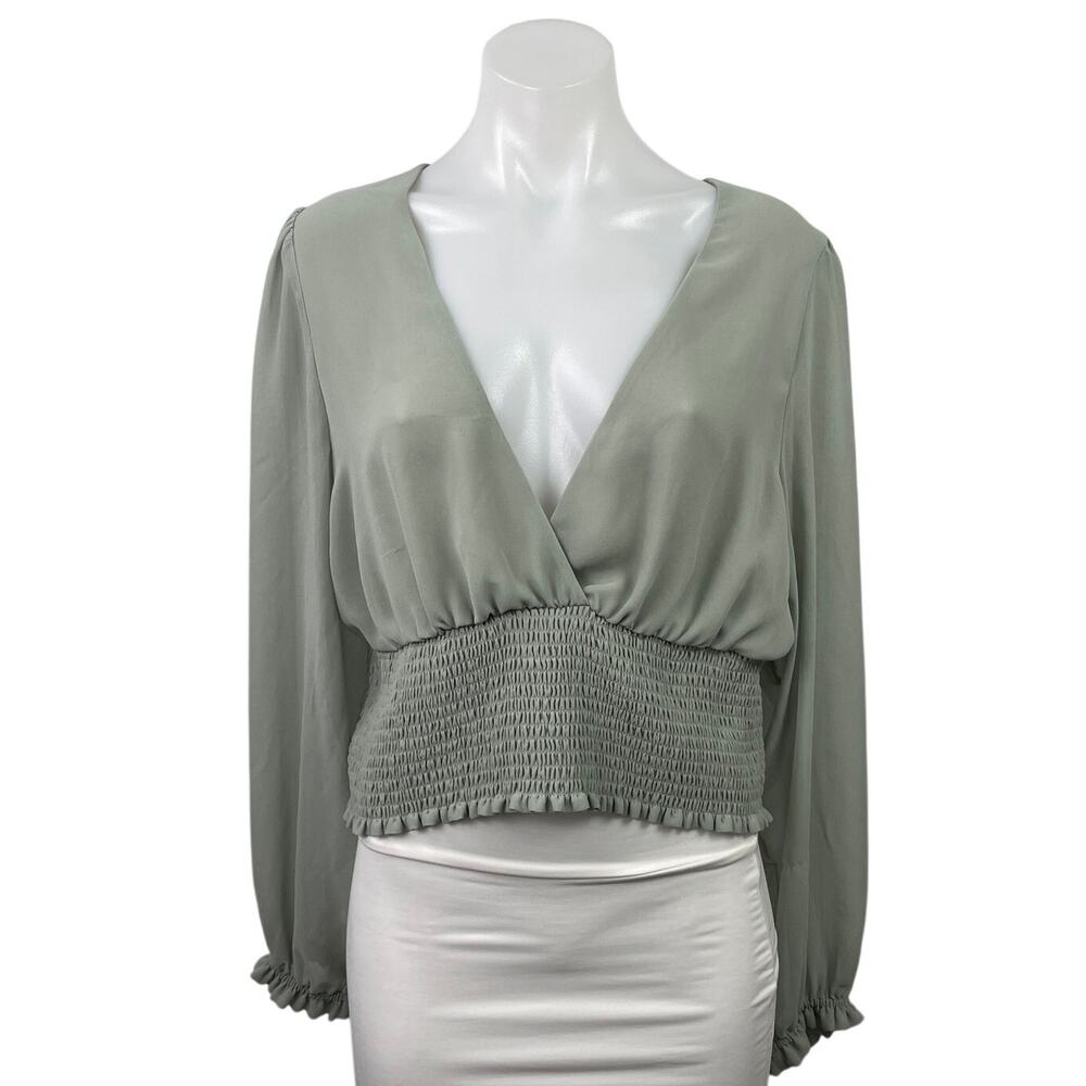 Aritzia Wilfred Genoa Gray Chiffon V Neck long Sleeve Smocked Crop Blouse Top XL